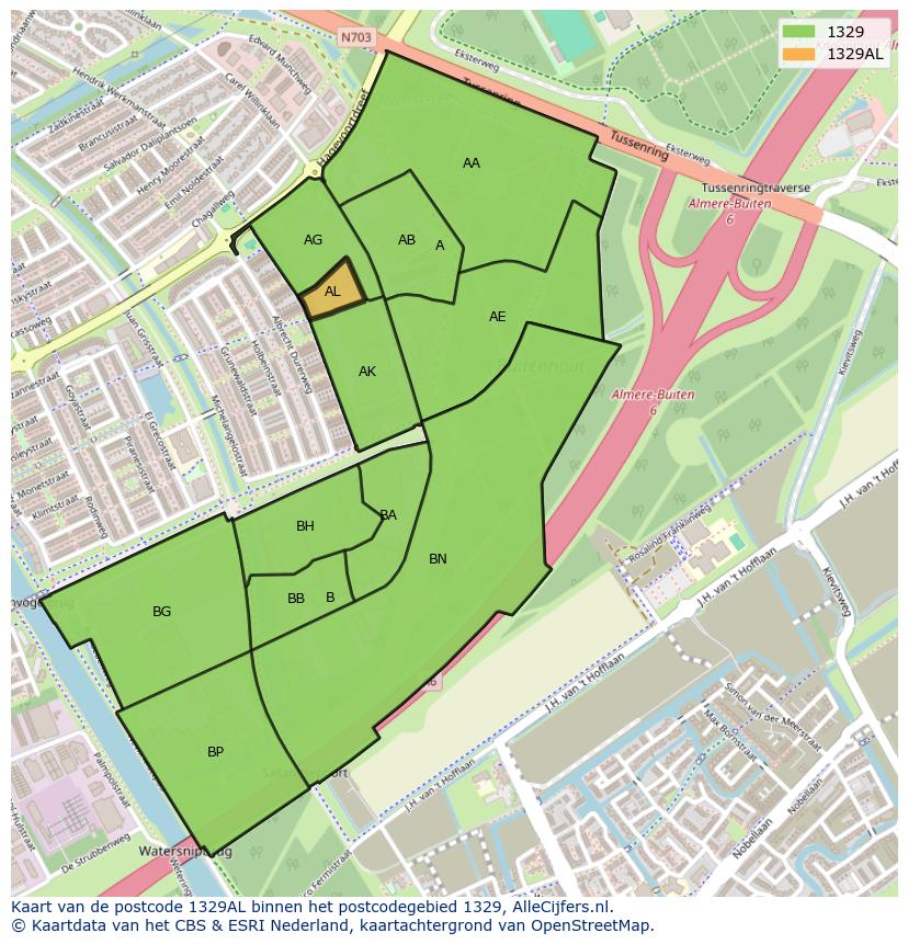 Afbeelding van het postcodegebied 1329 AL op de kaart.