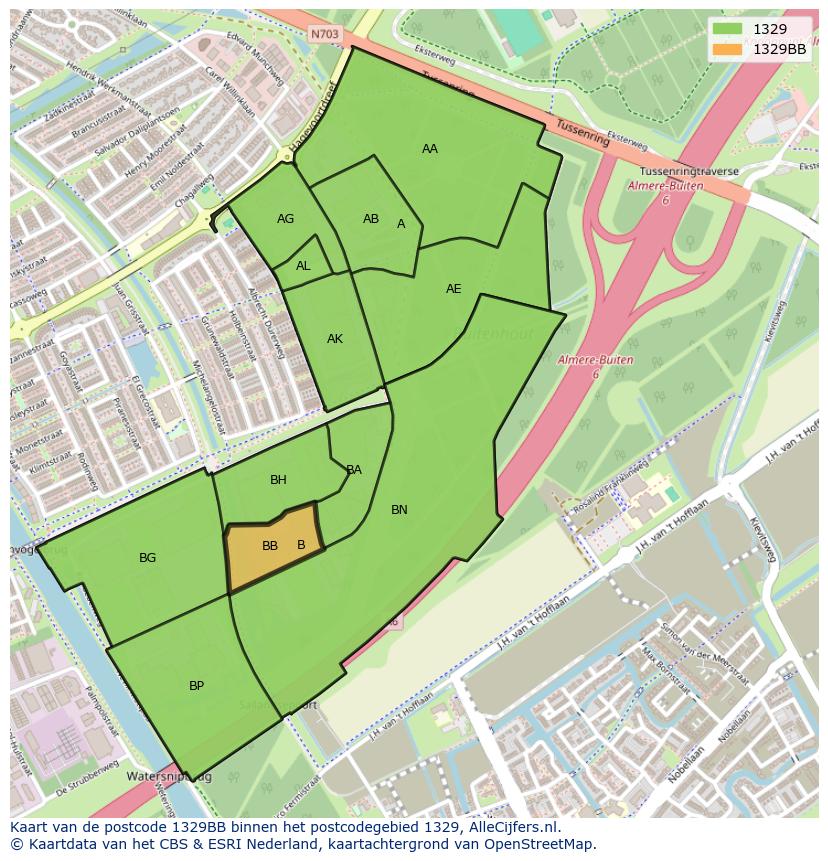 Afbeelding van het postcodegebied 1329 BB op de kaart.