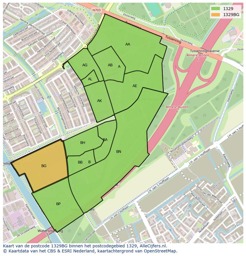 Afbeelding van het postcodegebied 1329 BG op de kaart.