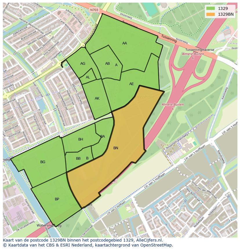 Afbeelding van het postcodegebied 1329 BN op de kaart.