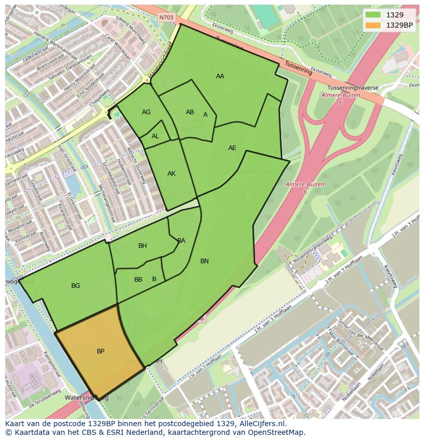 Afbeelding van het postcodegebied 1329 BP op de kaart.