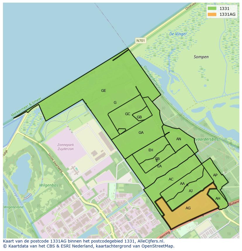 Afbeelding van het postcodegebied 1331 AG op de kaart.