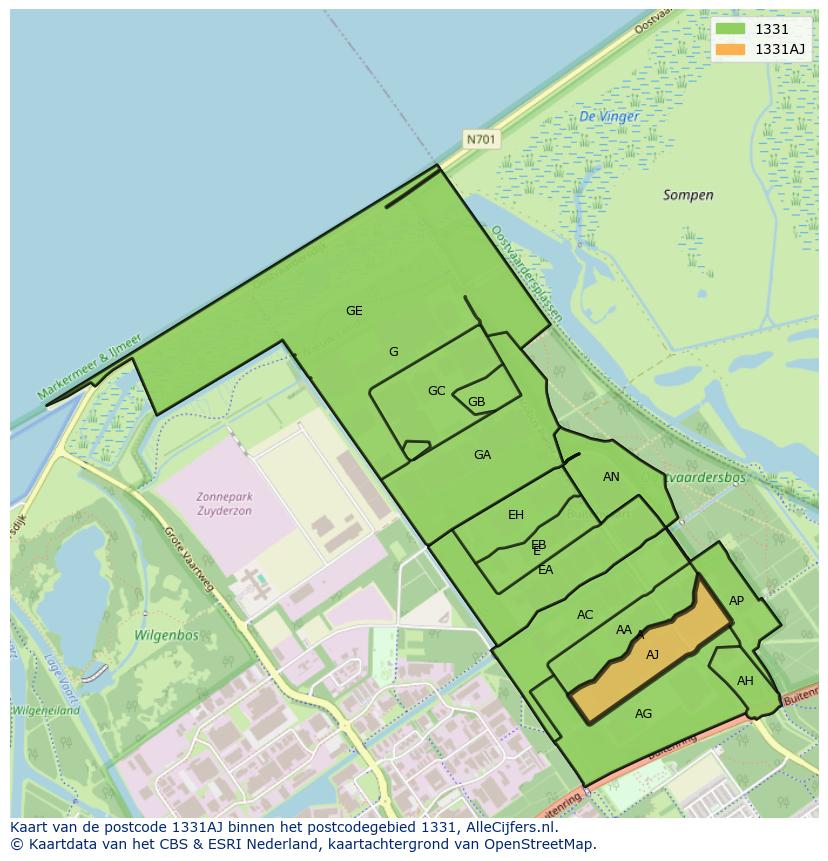 Afbeelding van het postcodegebied 1331 AJ op de kaart.