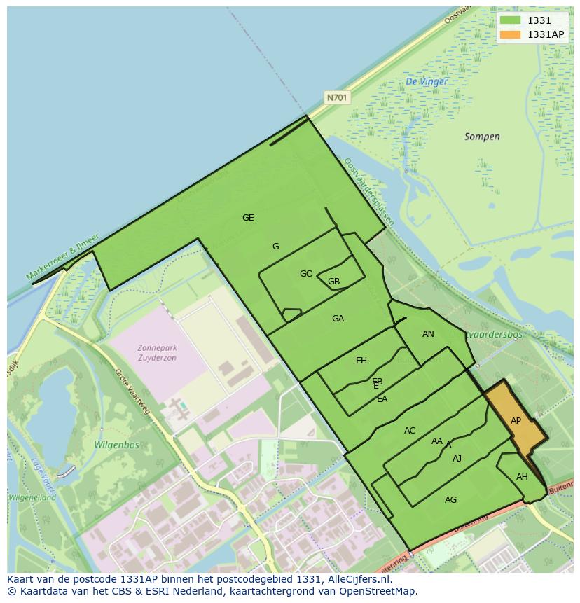 Afbeelding van het postcodegebied 1331 AP op de kaart.