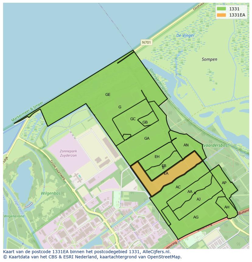 Afbeelding van het postcodegebied 1331 EA op de kaart.
