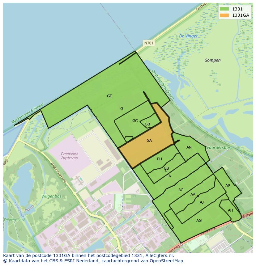 Afbeelding van het postcodegebied 1331 GA op de kaart.