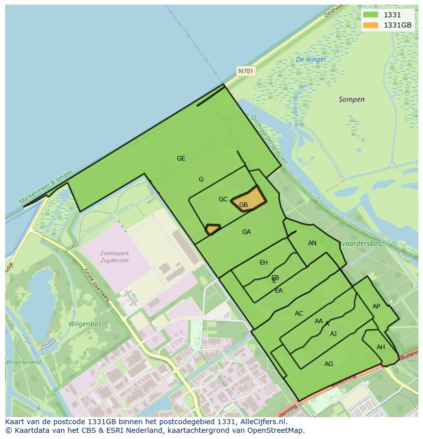 Afbeelding van het postcodegebied 1331 GB op de kaart.