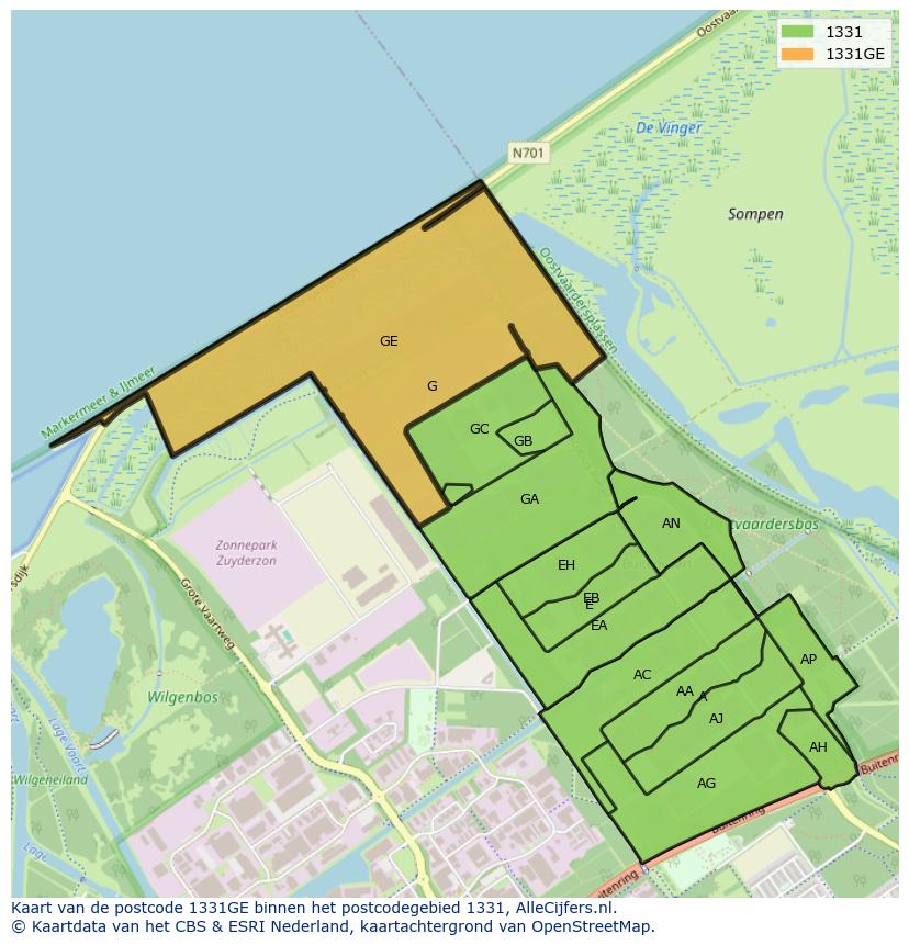 Afbeelding van het postcodegebied 1331 GE op de kaart.