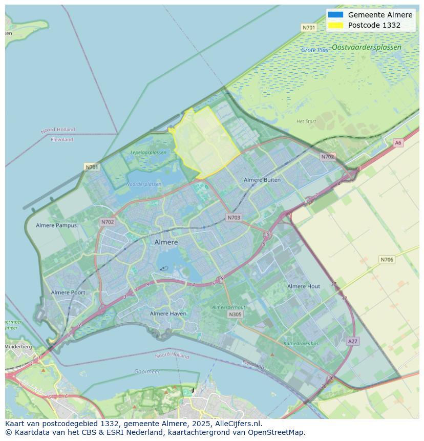 Afbeelding van het postcodegebied 1332 op de kaart.