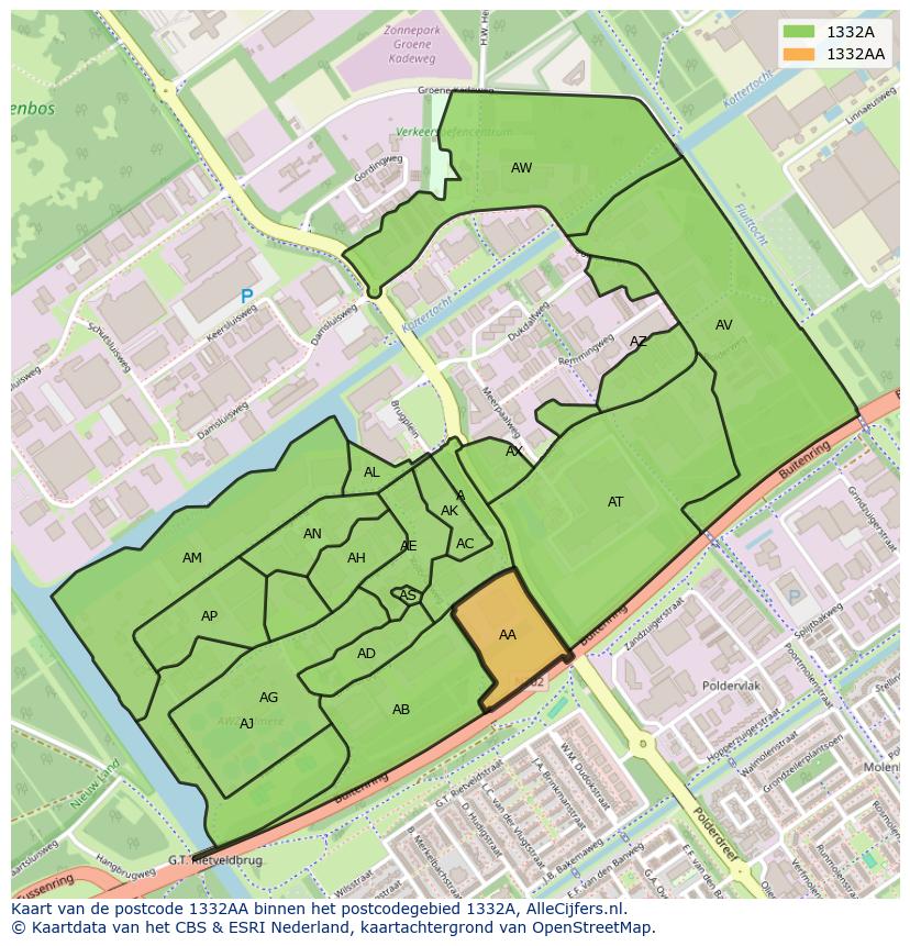Afbeelding van het postcodegebied 1332 AA op de kaart.
