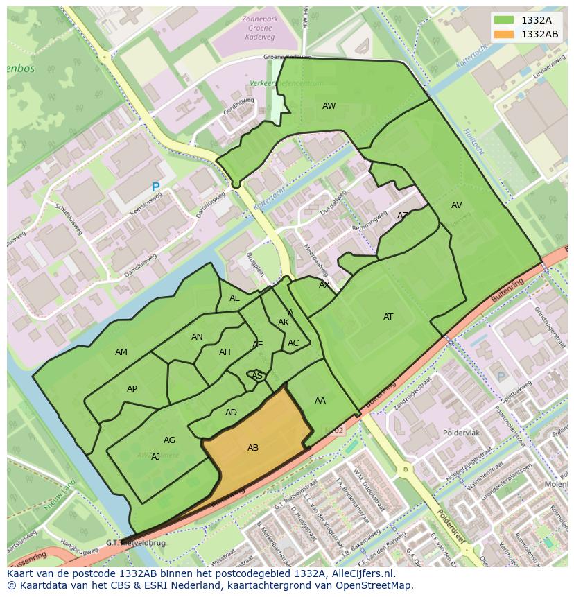 Afbeelding van het postcodegebied 1332 AB op de kaart.