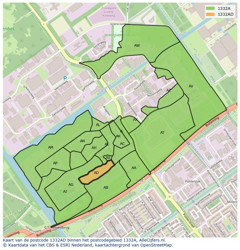 Afbeelding van het postcodegebied 1332 AD op de kaart.