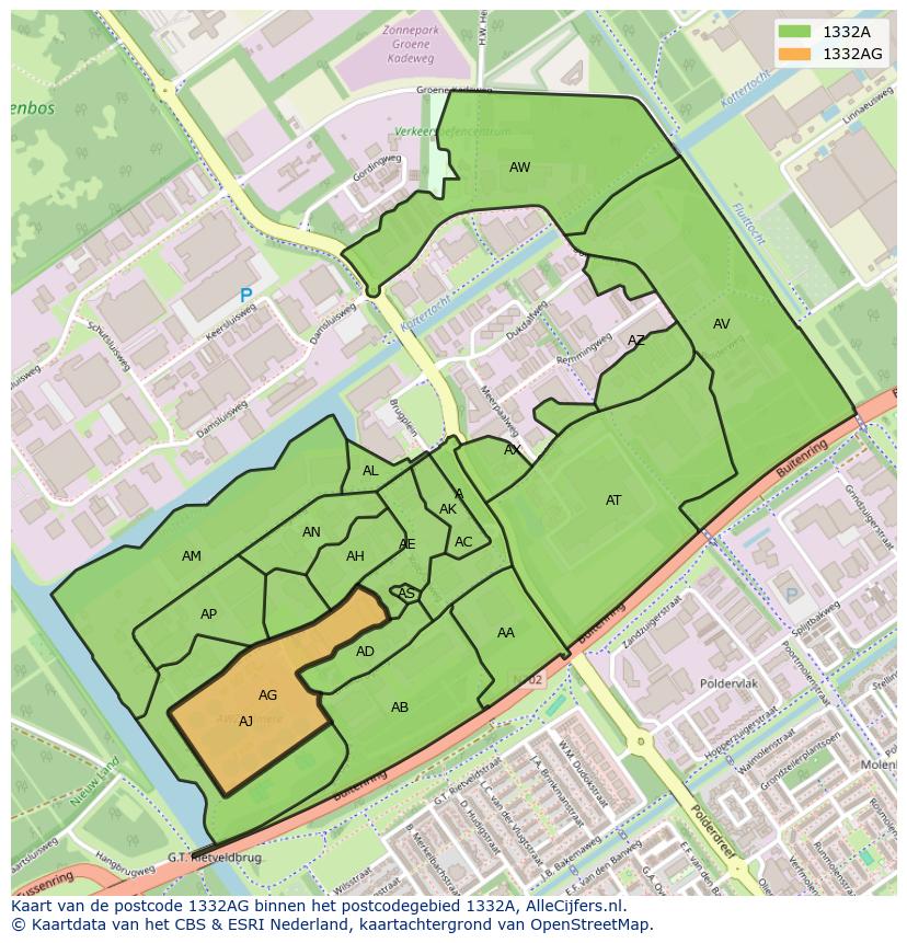 Afbeelding van het postcodegebied 1332 AG op de kaart.
