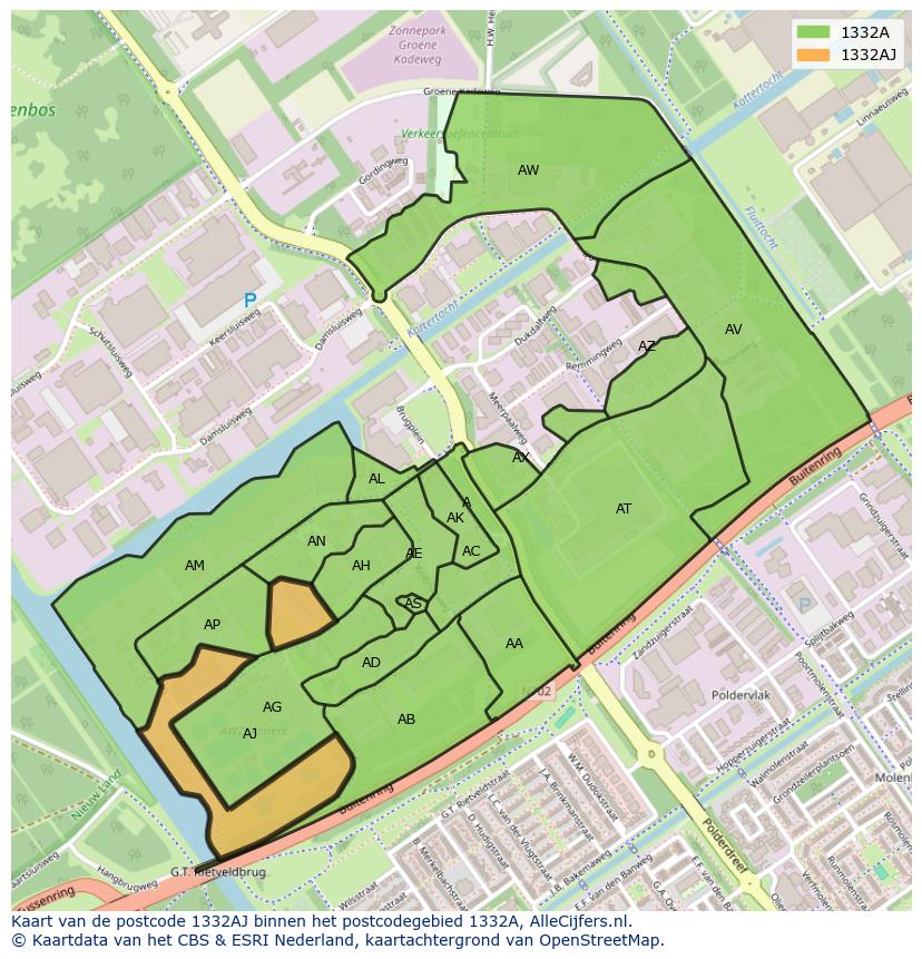 Afbeelding van het postcodegebied 1332 AJ op de kaart.