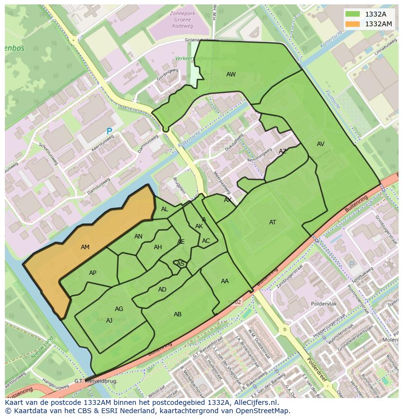 Afbeelding van het postcodegebied 1332 AM op de kaart.