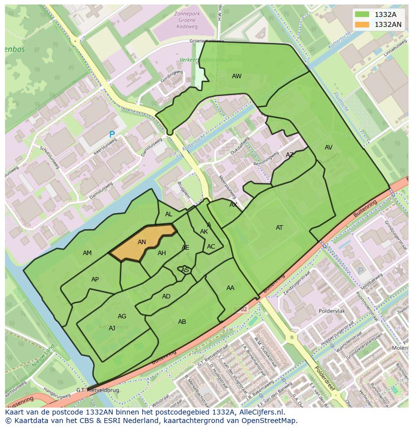 Afbeelding van het postcodegebied 1332 AN op de kaart.