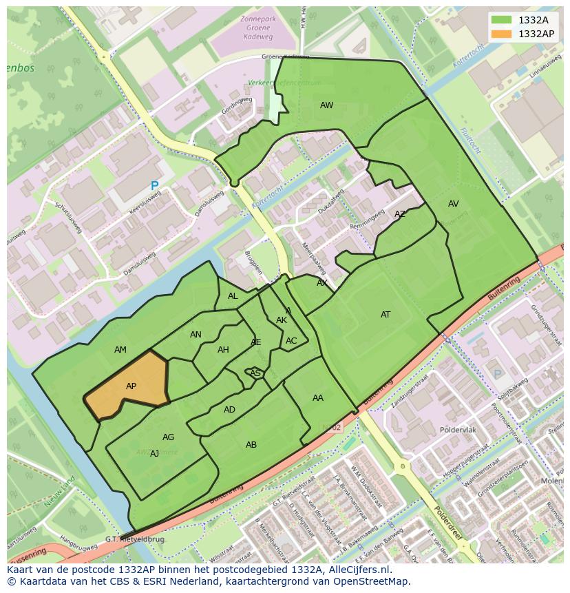 Afbeelding van het postcodegebied 1332 AP op de kaart.