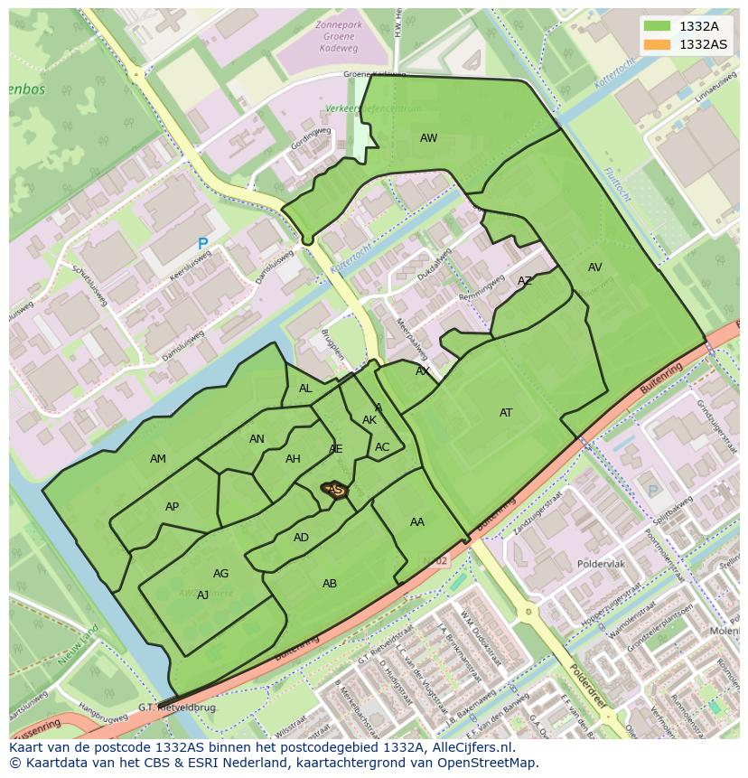 Afbeelding van het postcodegebied 1332 AS op de kaart.