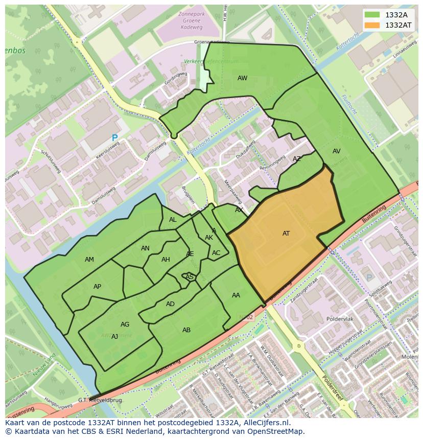 Afbeelding van het postcodegebied 1332 AT op de kaart.