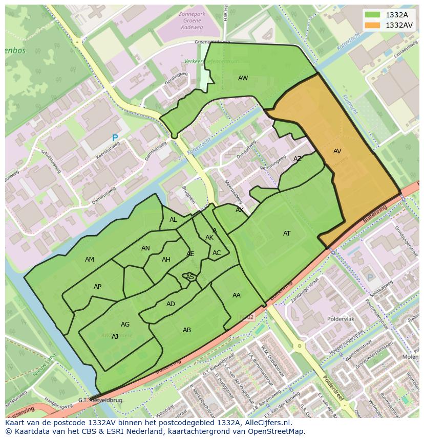 Afbeelding van het postcodegebied 1332 AV op de kaart.