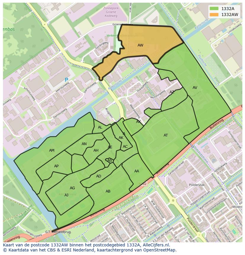 Afbeelding van het postcodegebied 1332 AW op de kaart.