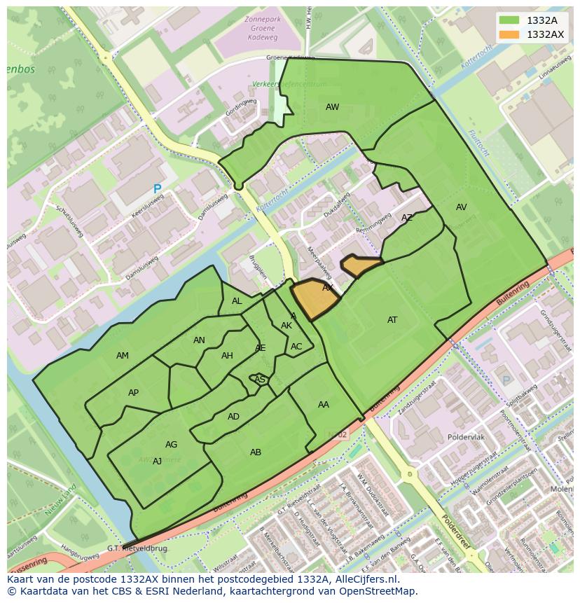 Afbeelding van het postcodegebied 1332 AX op de kaart.
