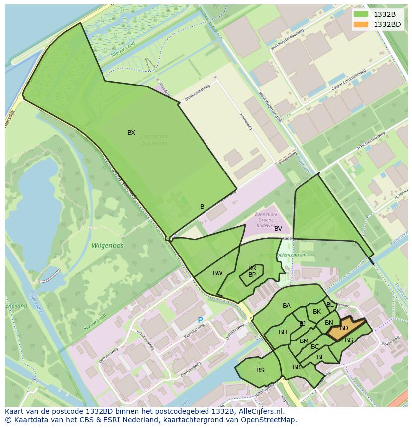 Afbeelding van het postcodegebied 1332 BD op de kaart.