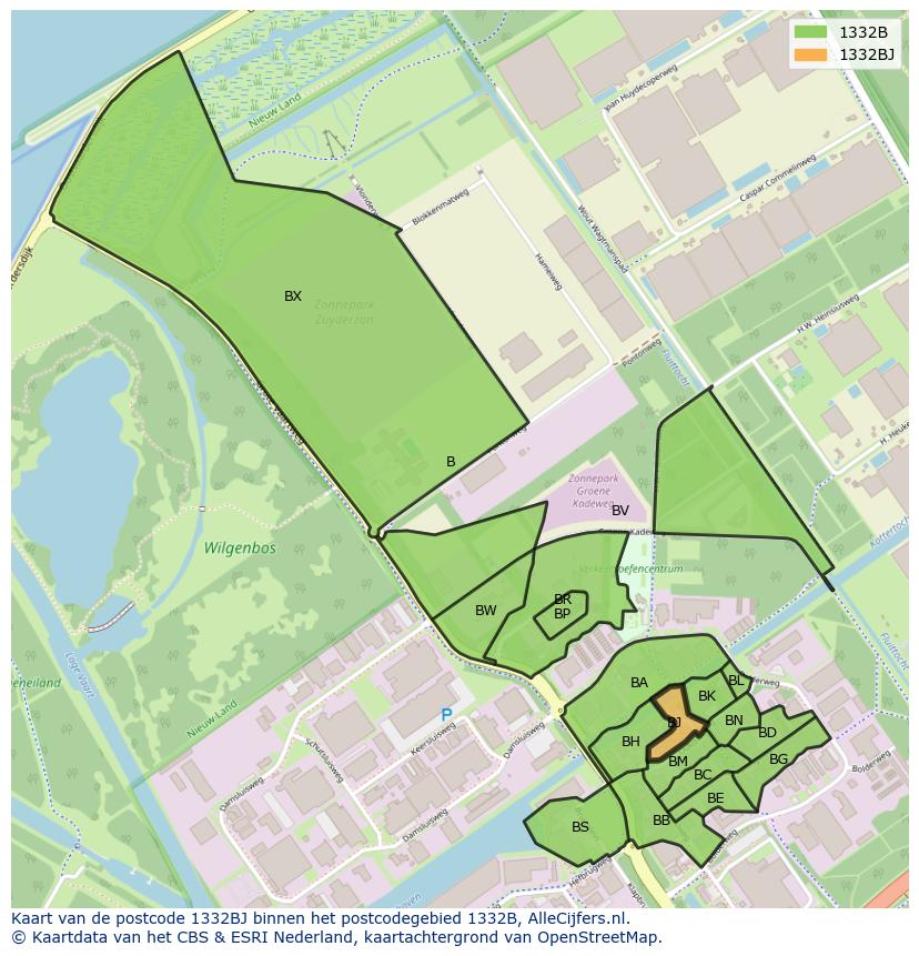 Afbeelding van het postcodegebied 1332 BJ op de kaart.