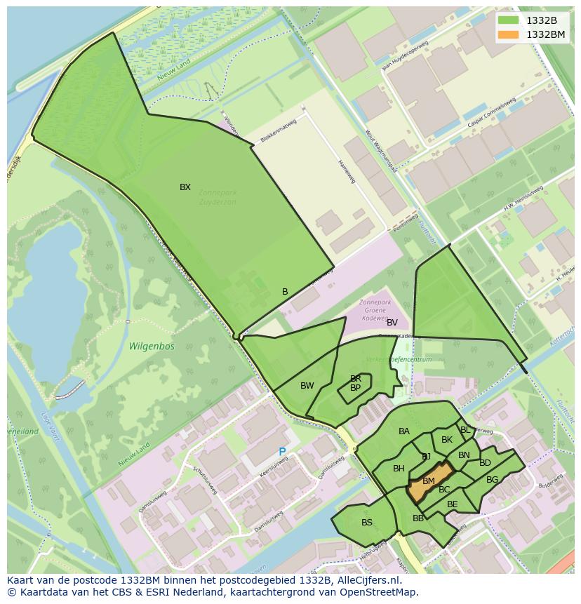 Afbeelding van het postcodegebied 1332 BM op de kaart.