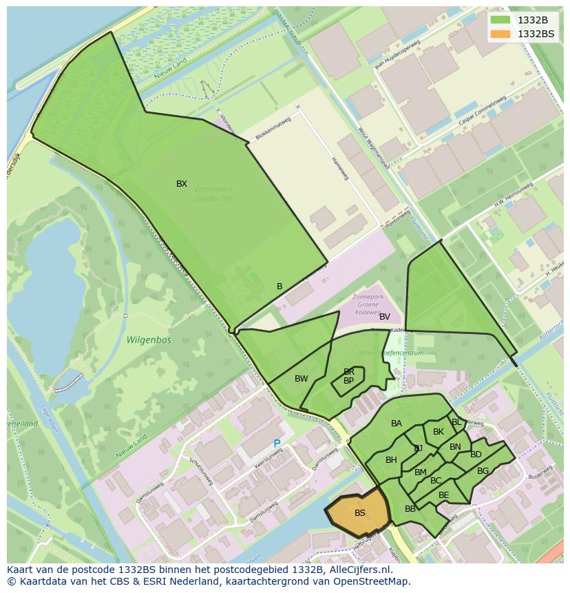 Afbeelding van het postcodegebied 1332 BS op de kaart.