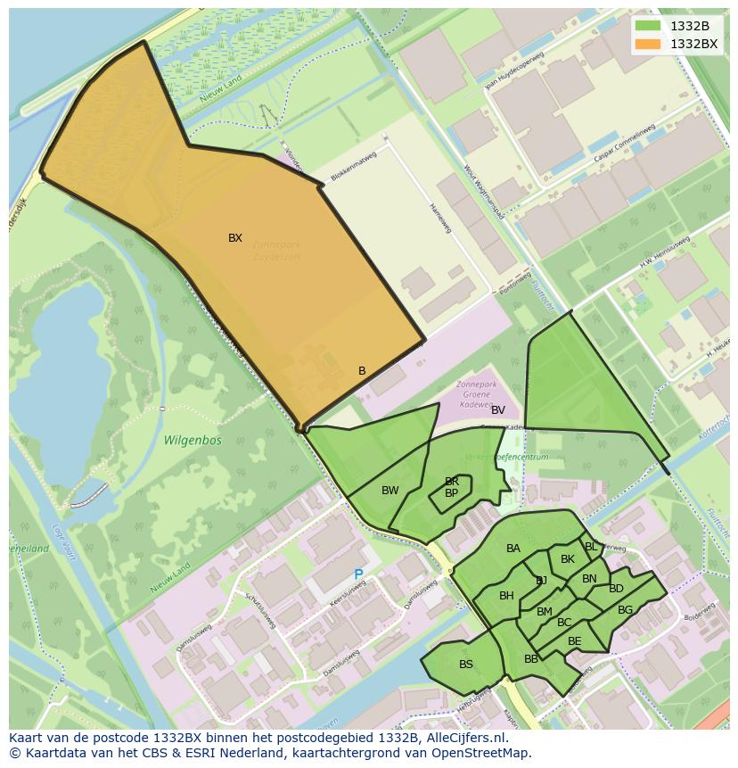 Afbeelding van het postcodegebied 1332 BX op de kaart.