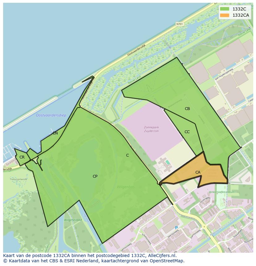 Afbeelding van het postcodegebied 1332 CA op de kaart.