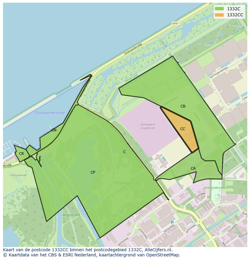 Afbeelding van het postcodegebied 1332 CC op de kaart.