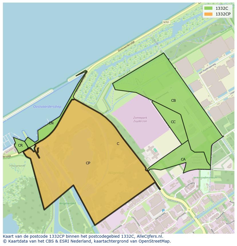 Afbeelding van het postcodegebied 1332 CP op de kaart.