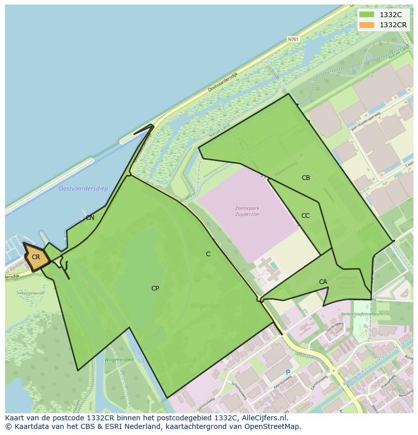 Afbeelding van het postcodegebied 1332 CR op de kaart.