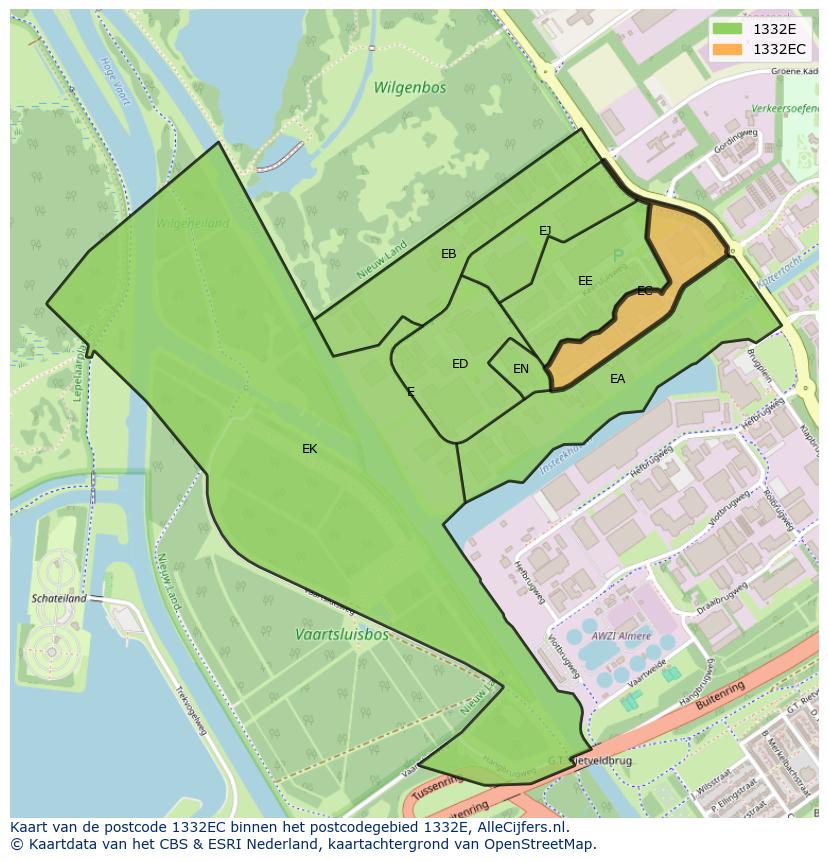 Afbeelding van het postcodegebied 1332 EC op de kaart.