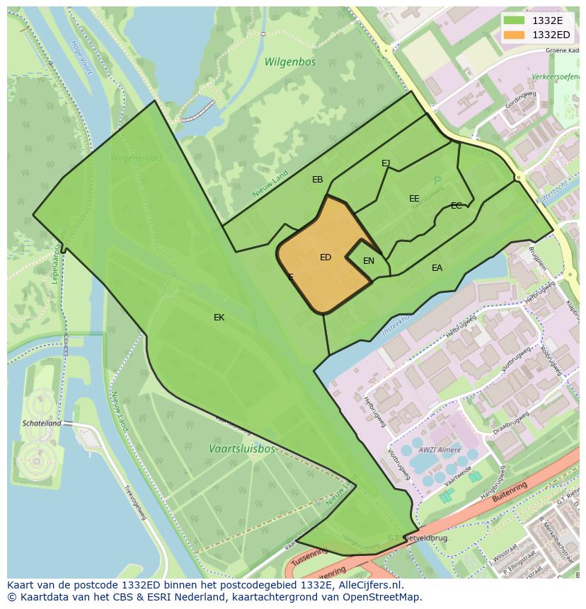 Afbeelding van het postcodegebied 1332 ED op de kaart.