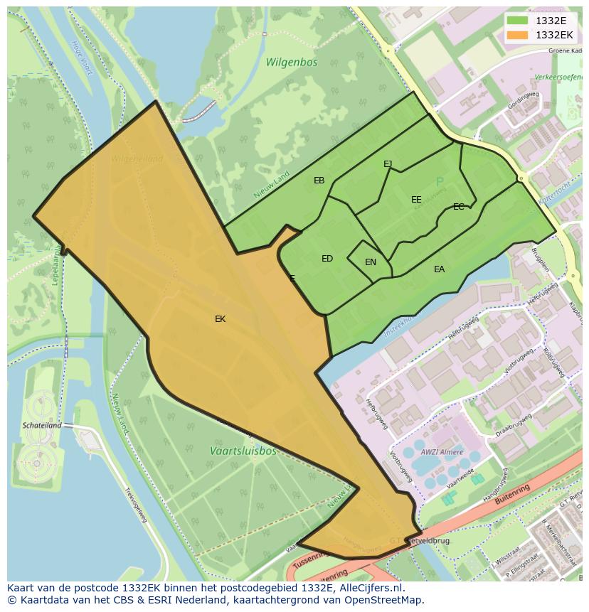 Afbeelding van het postcodegebied 1332 EK op de kaart.