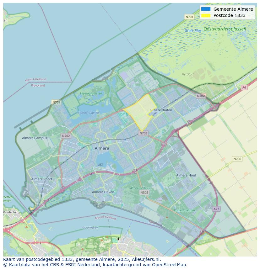 Afbeelding van het postcodegebied 1333 op de kaart.