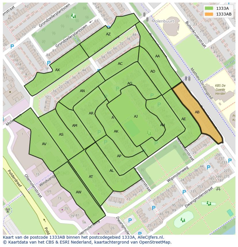 Afbeelding van het postcodegebied 1333 AB op de kaart.