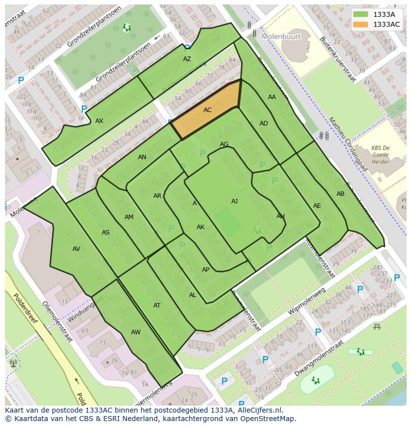 Afbeelding van het postcodegebied 1333 AC op de kaart.