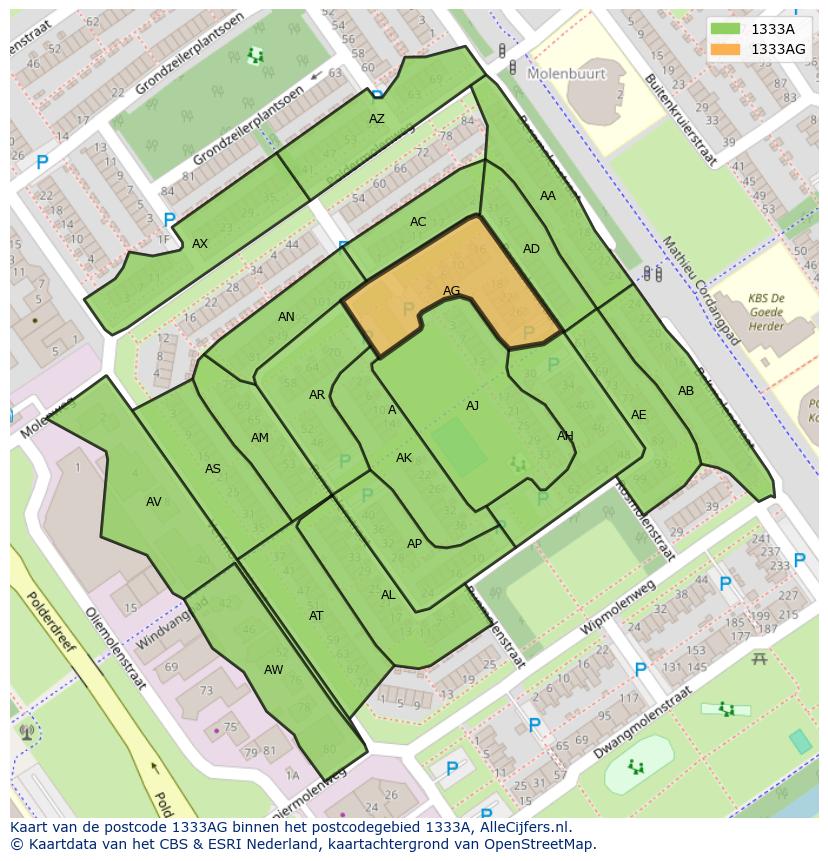 Afbeelding van het postcodegebied 1333 AG op de kaart.