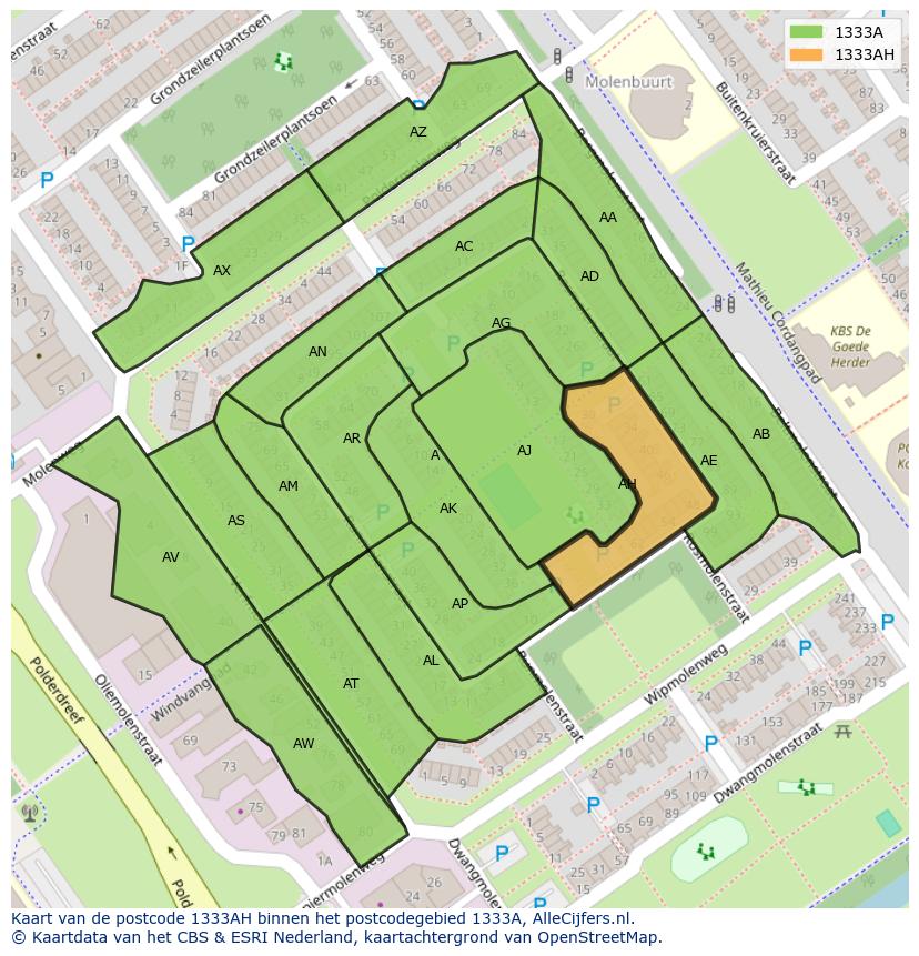 Afbeelding van het postcodegebied 1333 AH op de kaart.
