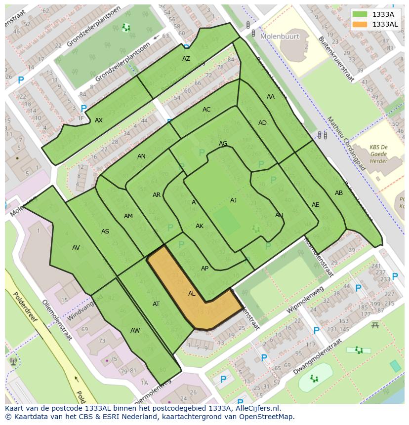 Afbeelding van het postcodegebied 1333 AL op de kaart.