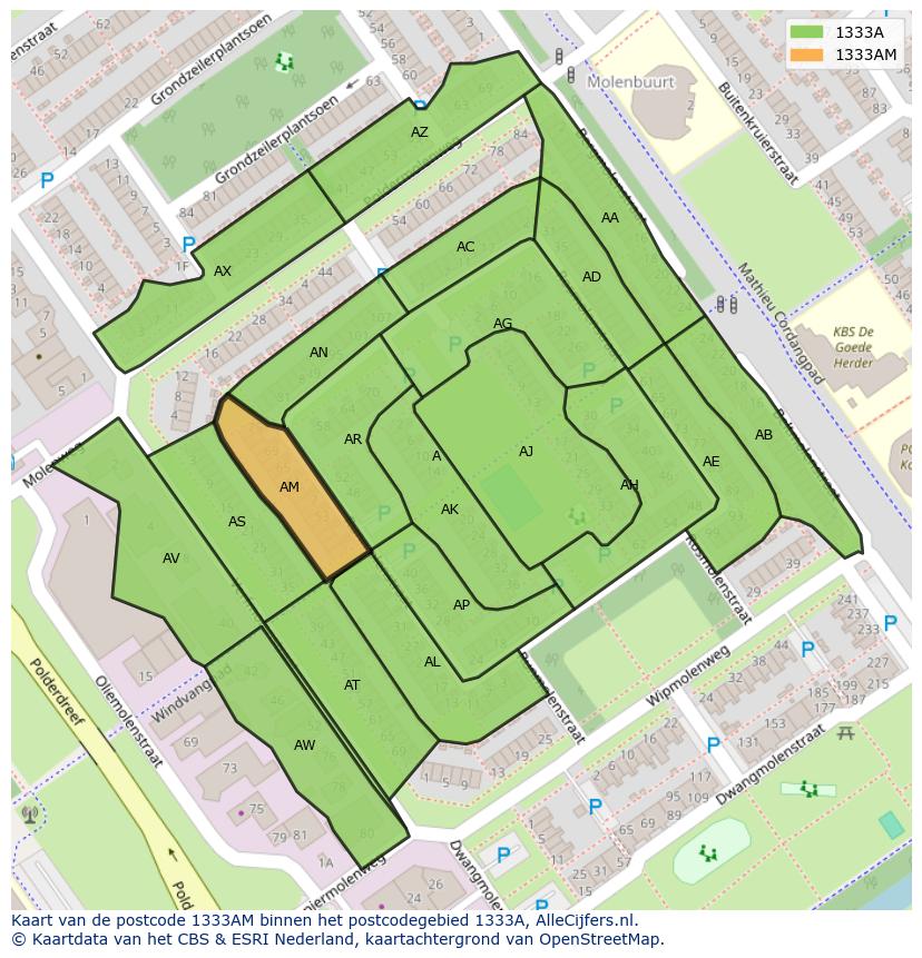 Afbeelding van het postcodegebied 1333 AM op de kaart.