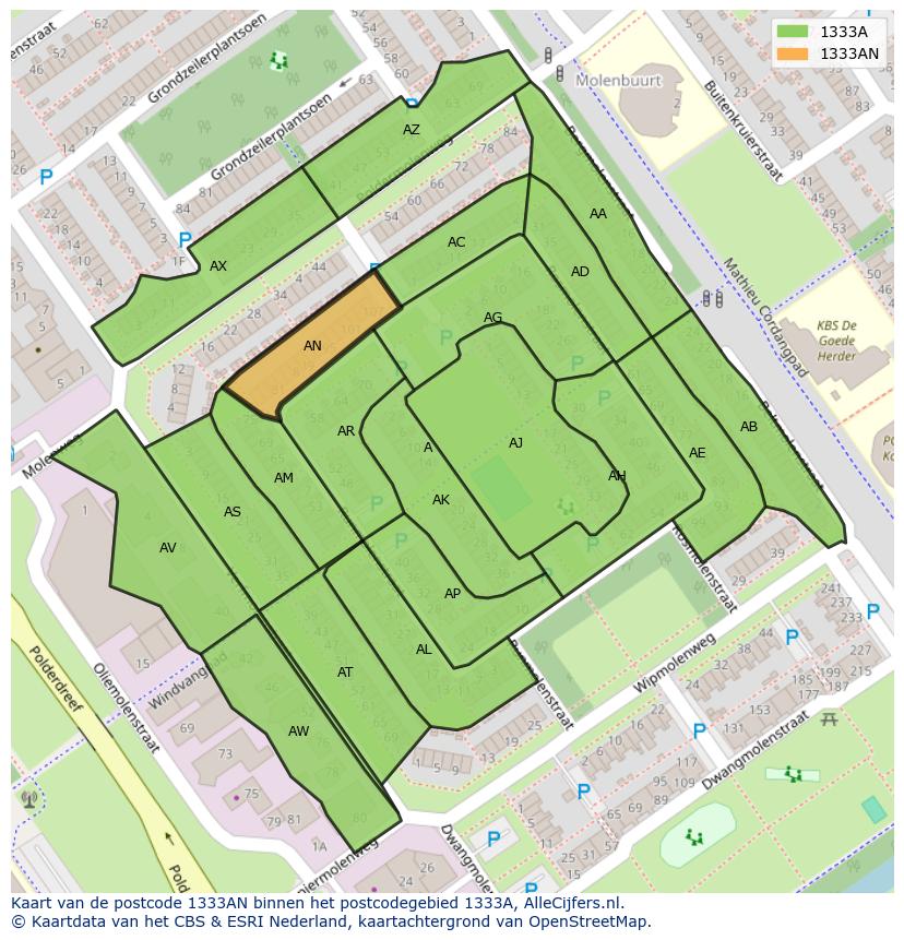 Afbeelding van het postcodegebied 1333 AN op de kaart.