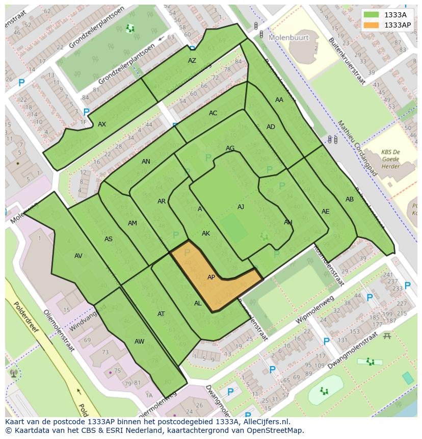 Afbeelding van het postcodegebied 1333 AP op de kaart.