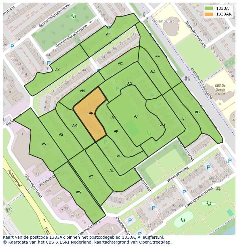 Afbeelding van het postcodegebied 1333 AR op de kaart.