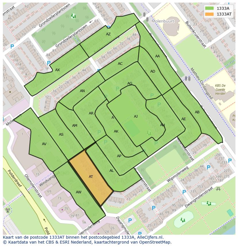 Afbeelding van het postcodegebied 1333 AT op de kaart.