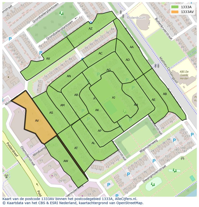 Afbeelding van het postcodegebied 1333 AV op de kaart.